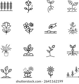 
Gardening Icons Plants, Growth, Seeds, Flowers, Roots, Sprouting, Farming, Agriculture