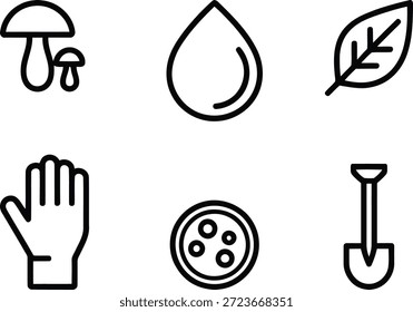 Iconos de jardinería que representan varios Elementos de la naturaleza y el cultivo se muestran en un estilo gráfico simple
