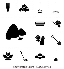 Gardening icons. set of 13 editable filled gardening icons such as mud, gardening tool, pot for plants, flower, shovel, pitchfork, rake, hoe, wheelbarrow, ground heap, hat