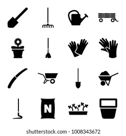 Gardening icons. set of 16 editable filled gardening icons such as shovel, gardening knife, watering can, flower pot, gloves, wheel barrow, barrow, construction, rake, hoe