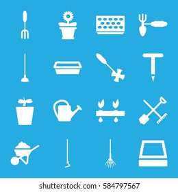 gardening icons set. Set of 16 gardening filled icons such as shovel and rake, construction, gardening tool, pitchfork, rake, hoe, watering can, pot for plants, plant in pot