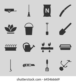 Gardening icons set. set of 16 gardening filled icons such as barrow, bucket, shovel, pitchfork, rake, hoe, cutter, watering can, pot for plants, plant in pot, flower