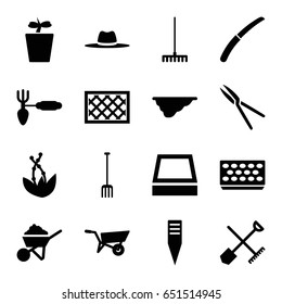 Gardening icons set. set of 16 gardening filled icons such as shovel and rake, wheel barrow, construction, pitchfork, rake, garden tools, pot for plants, plant in pot, fence