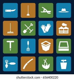 Gardening icons set. set of 16 gardening filled icons such as shovel and rake, pitchfork, rake, hoe, garden tools, pot for plants, plant in pot, hat, gloves, square plant pot