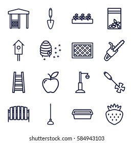 Gardening icons set. Set of 16 Gardening outline icons such as trowel, ladder, gardening tool, hoe, chain saw, pot for plants, sprout plants, apple, strawberry, fence