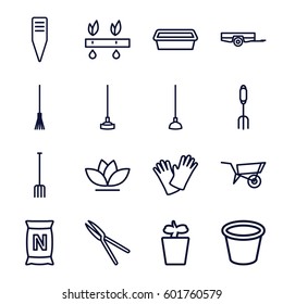 gardening icons set. Set of 16 gardening outline icons such as wheel barrow, barrow, pitchfork, rake, hoe, garden tools, gardening tool, pot for plants, plant in pot, flower