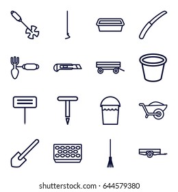 Gardening icons set. set of 16 gardening outline icons such as barrow, bucket, shovel, rake, hoe, cutter, wheelbarrow