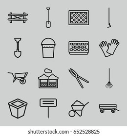 Gardening icons set. set of 16 gardening outline icons such as fence, wheel barrow, barrow, bucket, shovel, construction, rake, hoe, garden tools, gardening tool