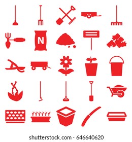 Gardening icons set. set of 25 gardening filled icons such as shovel and rake, barrow, bucket, mud, shovel, pitchfork, rake, hoe, garden tools, wheelbarrow, pot for plants
