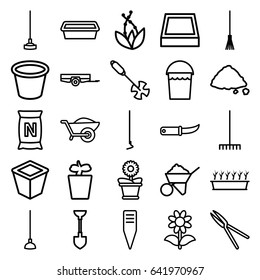 Gardening icons set. set of 25 gardening outline icons such as barrow, bucket, shovel, construction, rake, hoe, garden tools, wheelbarrow, pot for plants, plant in pot, flower