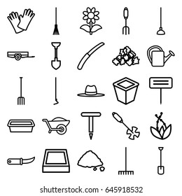 Gardening icons set. set of 25 gardening outline icons such as barrow, mud, shovel, pitchfork, rake, hoe, wheelbarrow, watering can, pot for plants, flower, ground heap, hat