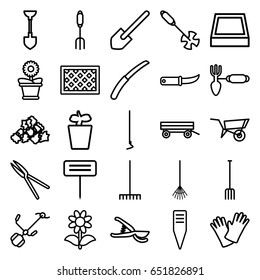 Gardening icons set. set of 25 gardening outline icons such as wheel barrow, barrow, mud, shovel, pitchfork, rake, hoe, garden tools, plant in pot, flower pot, flower, fence