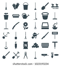 Gardening icons. set of 36 editable filled gardening icons such as shovel and rake, barrow, bucket, mud, shovel, construction, rake, hoe, watering can, pot for plants