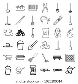 Gardening icons. set of 36 editable outline gardening icons such as barrow, bucket, mud, shovel, construction, rake, hoe, cutter, pot for plants, plant in pot, bag with ground