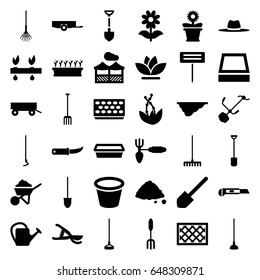 Gardening icons set. set of 36 gardening filled icons such as barrow, shovel, construction, pitchfork, rake, hoe, garden tools, cutter, watering can, pot for plants