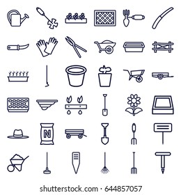 Gardening icons set. set of 36 gardening outline icons such as fence, wheel barrow, barrow, shovel, construction, pitchfork, rake, hoe, garden tools, wheelbarrow, watering can