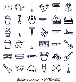 Gardening icons set. set of 36 gardening outline icons such as shovel and rake, fence, barrow, bucket, mud, shovel, construction, pitchfork, rake, hoe, garden tools, cutter