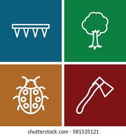 Gardening icons set. Set of 4 Gardening outline icons such as plowing tool, axe, tree