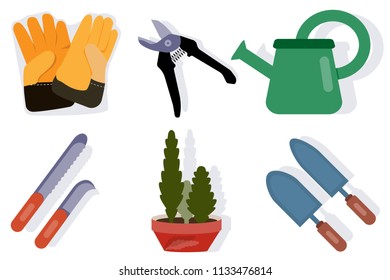 Gardening icons set. set of 6 gardening filled icons such as shovel, gardening tool,  garden tools, gloves, secateurs, watering can, knife and saw, pot for plants.