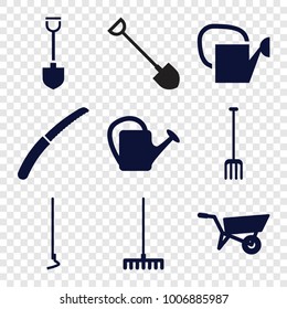 Gardening icons. set of 9 editable filled gardening icons such as wheel barrow, pitchfork, rake, hoe, gardening knife, watering can
