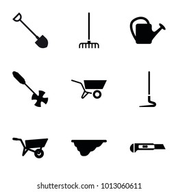 Gardening icons. set of 9 editable filled gardening icons such as wheel barrow, gardening tool, cutter, watering can, fence, shovel, rake