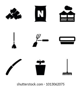 Gardening icons. set of 9 editable filled gardening icons such as mud, rake, plant in pot, pergola, pot for plants