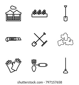 Gardening icons. set of 9 editable outline gardening icons such as shovel and rake, gardening tool, shovel, hoe, cutter, sprout plants, gloves, pergola