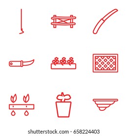 Gardening icons set. set of 9 gardening outline icons such as fence, hoe, gardening knife, plant in pot, sprout plants