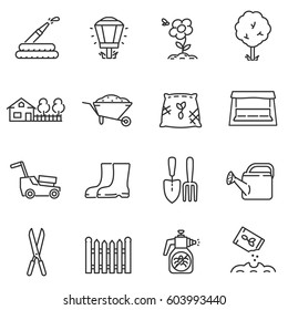 Gardening icons set. Care and beautification of the garden, thin line design.Lines with editable stroke. isolated symbols collection