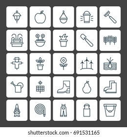 Gardening Icons Set. Collection Of Bloom, Wheat, Lantern And Other Elements. Also Includes Symbols Such As Tool, Sun, Root.