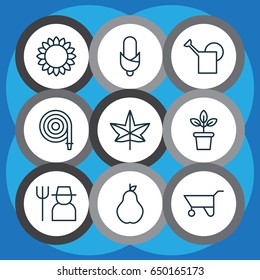 Gardening Icons Set. Collection Of Fire Tube, Grower, Maize And Other Elements. Also Includes Symbols Such As Autumn, Helianthus, Plant.