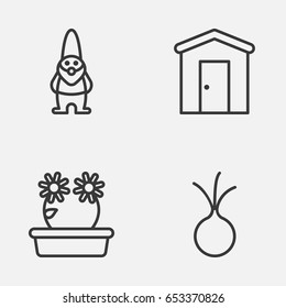 Gardening Icons Set. Collection Of Floweret, Garlic, Farmhouse And Other Elements. Also Includes Symbols Such As Barn, Dwarf, Vegetable.