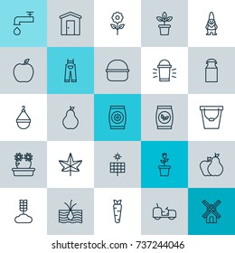 Gardening Icons Set. Collection Of Hanger, Duchess, Garden Clothes And Other Elements. Also Includes Symbols Such As Package, Gnome, Faucet.