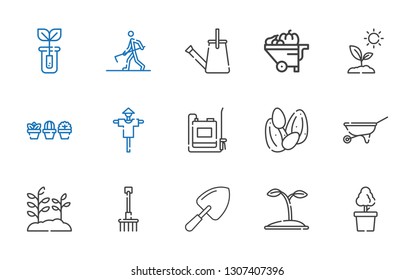 gardening icons set. Collection of gardening with plant, seed, shovel, rake, wheelbarrow, seeds, sprayer, scarecrow, sprout, watering can. Editable and scalable gardening icons.