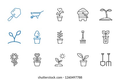 gardening icons set. Collection of gardening with shovel, plant, sprout, sunflower, rake, seed, sand, wheelbarrow. Editable and scalable gardening icons.