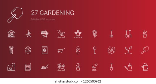 gardening icons set. Collection of gardening with shovel, sprout, plant, lawnmower, sprayer, barn, seeds, wheelbarrow, sand, rake, sunflower. Editable and scalable gardening icons.