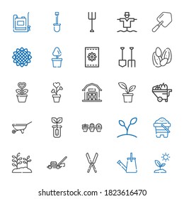 gardening icons set. Collection of gardening with sprout, watering can, shears, lawnmower, plant, sand, wheelbarrow, barn, seeds, shovel. Editable and scalable gardening icons.