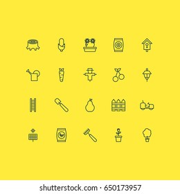 Gardening Icons Set. Collection Of Tree Stub, Agrimotor, Floweret And Other Elements. Also Includes Symbols Such As Ladder, Pitchfork, Can.