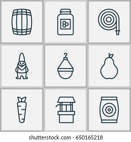 Gardening Icons Set. Collection Of Water Source, Jar, Dwarf And Other Elements. Also Includes Symbols Such As Jar, Vegetable, Seed.