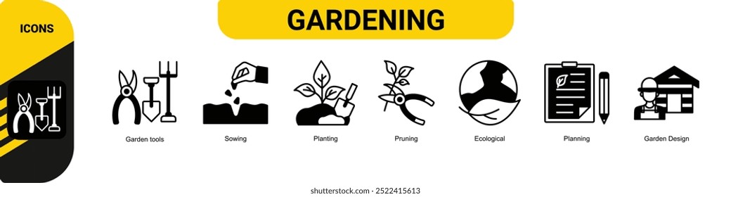 Gardening icons set and design elements vector illustration with the icon of garden tools, sowing, planting, pruning, ecological, planning and garden