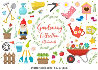 Gardening icons set, design elements. Garden tools and decor collection, isolated on a white background. Vector illustration