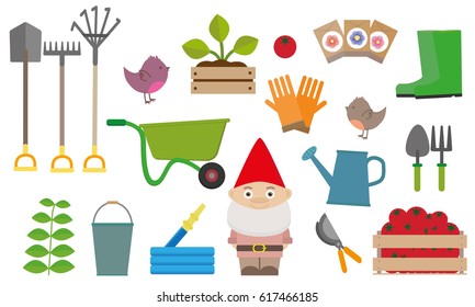 Gardening icons set, design elements. Garden tools and decor collection, isolated on a white background. Vector illustration