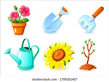 Gardening icons set - Flower pot, shovel, rake, watering can, sunflowers and seedling tree - icons for web and mobile games, vector illustration on white background