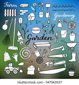 Gardening icons set. Hand-drawn cartoon collection of garden and farm tools and objects. Doodle drawing. Vector illustration