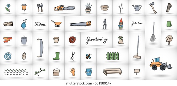 Gardening icons set. Hand-drawn cartoon collection of garden and farm tools and objects. Doodle drawing. Vector illustration