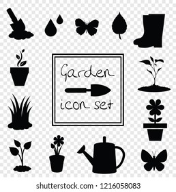 Gardening icons set isolated on transparent background. Black silhouettes of vector illustrations, icons, signs, templates for design.