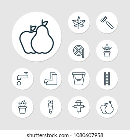 Gardening icons set with leaf, fruits, hose and other pail elements. Isolated vector illustration gardening icons.