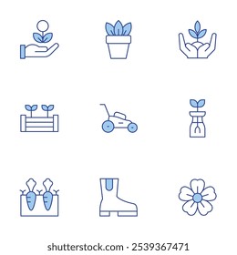 Gardening icons set. Line Duotone style, editable stroke. sakura, sprout, plant, boot, plant pot, raised bed, gardening, lawn mower, medicine.