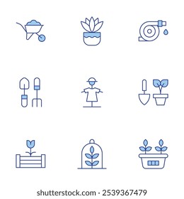 Gardening icons set. Line Duotone style, editable stroke. plant pot, plant, raised bed, hose, wheelbarrow, gardening tools, fern, scarecrow.