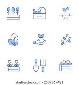 Gardening icons set. Line Duotone style, editable stroke. harvest, hydroponic, vegetable, branch, gardening tools, sprout, garden, leaves, plant.